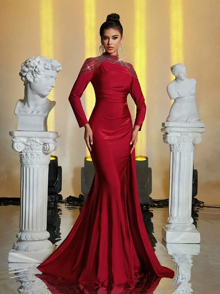 SHEIN Belle Vestido de noche largo rojo borgoña elegante y lujoso de manga larga con parches de lentejuelas brillantes, volantes y aberturas, adecuado para boda, fiesta de solteros, vacaciones, baile de gala, evento formal, invitados de boda, graduación, cena - Burdeos - Añade 8