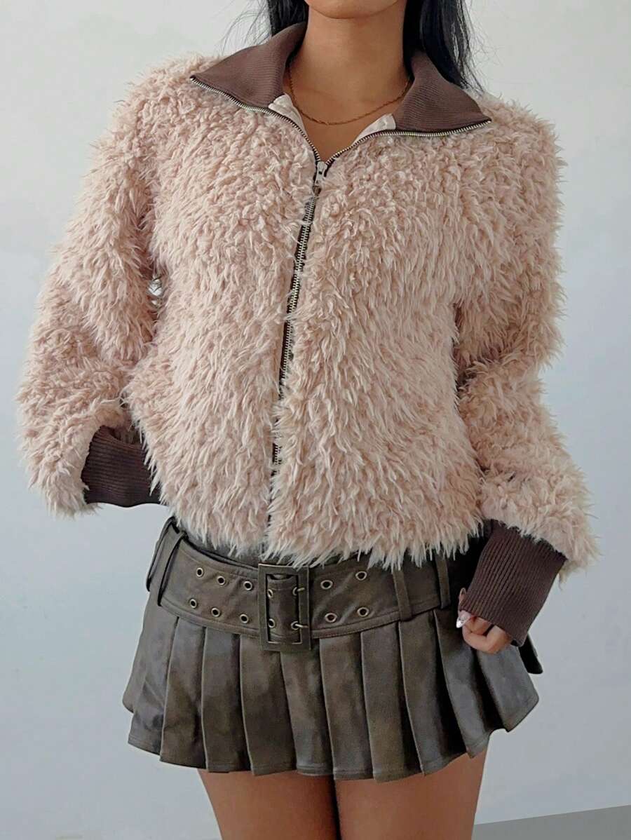 SHEIN SXY 女式休闲拼色毛绒保暖冬季夹克