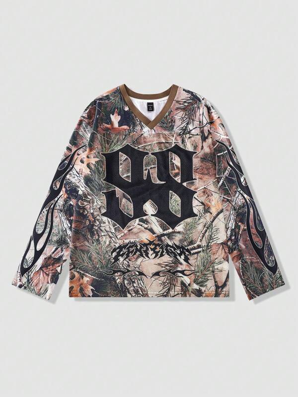 ROMWE MEN Street Life Men's Branch & Camouflage Print Mesh Patchwork Long Sleeve Sports T-Shirt, Athletic Jersey