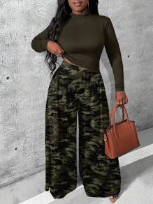 Slaydiva Bộ 2 áo thun cổ tròn tay dài ôm vừa vặn và quần ống rộng cạp cao họa tiết rằn ri cỡ lớn, mùa thu/đông - Nhiều màu - Xem 1