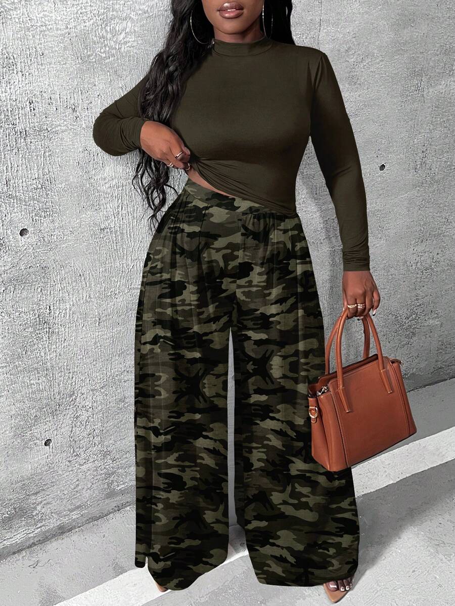 Slaydiva Bộ 2 áo thun cổ tròn tay dài ôm vừa vặn và quần ống rộng cạp cao họa tiết rằn ri cỡ lớn, mùa thu/đông - Nhiều màu - Xem 1