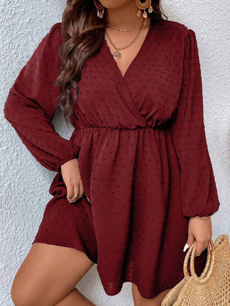 Auvina 大码纯色 V 领裹身休闲长袖连衣裙酒红色女装 - 酒紅色 - 查看 1