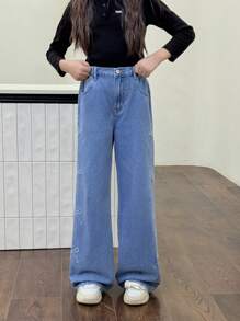 Tween Girl Casual Fashion Ripped Bowknot Embroidered Washed Straight Leg Jeans,Holiday,Summer,Travel, School, Campus, College - Medium Wash - View 5