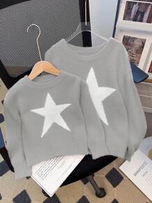 SHEIN Leap Crew Tween Girl Star Pattern Round Neck Drop Shoulder Sweater, Sibling Outfits - Multicolor - View 2