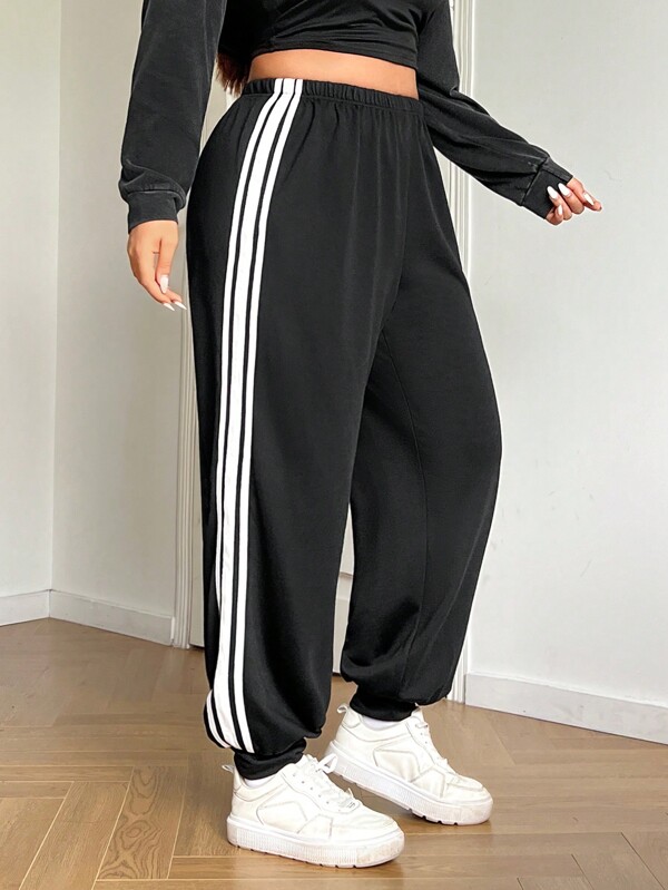 SHEIN EZwear Plus Size Women Casual Colorblock Striped Drawstring Sweatpants