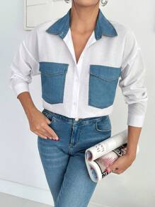 Cottnline 牛仔布口袋细节宽松白衬衫 - 藍白色 - 查看 5