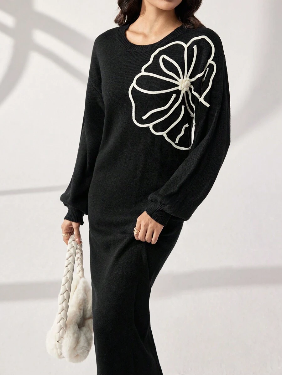 Modelyn Gaun Sweater Rajut Lengan Panjang Bahu Longgar Motif Bunga 3D Bordir Warna Kontras untuk Wanita - Hitam - View 1