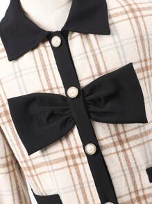 青少年女孩格子印花纽扣前领蝴蝶结装饰长袖夹克和迷你裙优雅两件套 - 杏色 - 查看 7