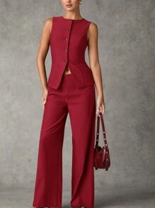 SHEIN BAE 女士夏季纯色单排扣背心和裤子日常通勤套装女士秋季套装冬季女士衣服适合办公室通勤套装，办公室警笛风格