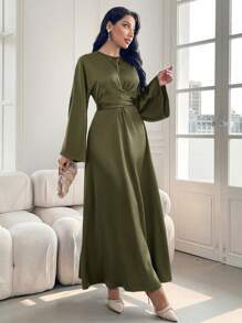 Modelyn 女士纯色缎面优雅收腰连衣裙，优雅晚会礼服长款晚礼服 - 軍綠色 - 查看 6