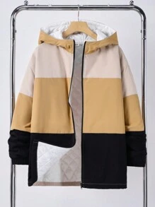 SHEIN Teen Boys' Color Block Hooded Thick Warm Winter Coat, Casual Minimalist Design For Daily Wear, School, Street Style, Autumn/Winter - Multicolor - View 3