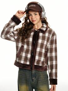 Teen Girls' Woven Plaid Collar Open Front Long Sleeve Casual Jacket With Fluffy Trim, Autumn & Winter
