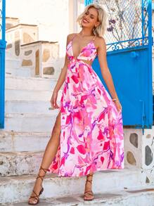 SHEIN VCAY In Toàn bộ Ca-vát Backless Váy Dây - Hồng - Xem 3