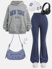 Girlism 少女两件套,碎花灰蓝,休闲百搭,宽松长袖卫衣喇叭裤,返校季,干净女孩,运动服 - 彩色 - 查看 3