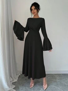 Rafferiza 女士纯色圆领喇叭袖优雅连衣裙，秋季长款女装 - 黑色 - 查看 3