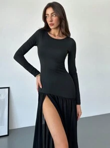 Aloruh 女式性感紧身高开叉连衣裙 - 黑色 - 查看 6