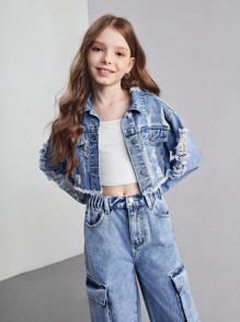 Ensemble veste en jean délavé bleu déchiré + pantalon en jean pour filles