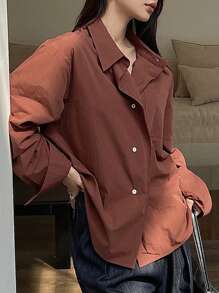 DAZY 女士休闲纯色长袖单排扣宽松衬衫，秋季女装