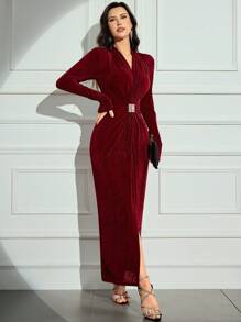 Modelyn 勃艮第红色女士 V 领长袖腰部水晶装饰闪光长款优雅连衣裙长款晚礼服 - 酒紅色 - 查看 6