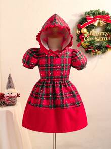 SHEIN Robe de princesse décontractée de Noël en tartan rouge pour filles - avec chapeau, robe à carreaux rouges avec chapeau assorti, ambiance festive. Convient aux filles de 4 à 7 ans, coupe de jupe généreuse, accents de nœud rouge, mignonne et vivante. Convient pour Noël, les fêtes et autres occasions spéciales, mettant l'enfant à l'honneur. Automne/Hiver. - Rouge - Voir 3