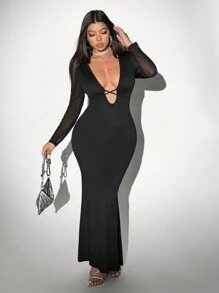 Viva Relle 大码性感深 V 领网眼撞色紧身连衣裙，秋季 - 黑色 - 查看 6