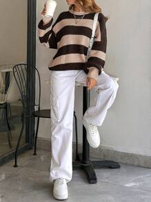 EURMUSE Women Stripe Pattern Round Neck Drop Shoulder Pullover - Multicolor - View 4