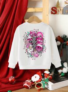 SHEIN 1pc Christmas Young Girl Santa Claus Checkerboard Lightning Graphic Leopard Smiling Print Sweatshirt, Suitable For Christmas Family Party Outfit, Autumn/Winter - White - View 4