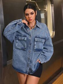 SHEIN EZwear 1pc Women Casual Oversized Front Button Drop Shoulder Denim Jacket, Suitable For Autumn - Medium Wash - View 2