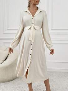 SHEIN Vestido camisa informal de manga larga y abotonado sencillo para embarazada, unicolor, otoño