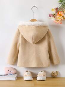 少女双排扣毛领连帽开衫，适合秋冬季 - 卡其色 - 查看 2