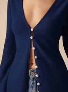 Poéselle 珍珠前扣 V 领腰线“新面貌”喇叭袖开衫，春秋装，秋装，女装，休闲女装，女装，纯色，纽扣