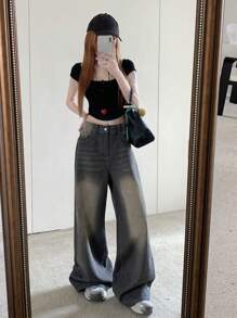 DAZY 女士休闲宽松破洞阔腿牛仔裤，带侧袋，适合春秋季节，宽松牛仔裤 - 黑色 - 查看 7