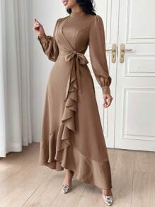 Modelyn 女士时尚纯色系带长袖连衣裙，优雅晚会礼服长款晚礼服 - 卡其色 - 查看 5