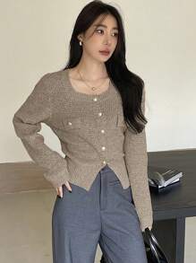 DAZY Áo khoác cardigan hở gấu đơn hàng khuy trơn màu cho nữ, thu đông, đêm giao thừa, áo dài tay, quần áo nữ mùa thu - Xám - Xem 9