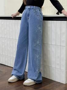Tween Girl Casual Fashion Ripped Bowknot Embroidered Washed Straight Leg Jeans,Holiday,Summer,Travel, School, Campus, College - Medium Wash - View 9