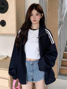 DAZY Women Stripe Patchwork Zip-Up Casual Loose Fleece Jacket, Autumn/Winter Women Coats