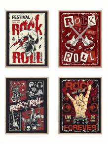 4 件装朋克音乐彩色海报，上面刻有摇滚乐永恒的骷髅和吉他，带有摇滚手势骷髅字样，垃圾摇滚风格帆布墙面艺术印刷品音乐室装饰卧室墙壁装饰，秋季装饰家居圣诞节节日礼物 - 彩色 - 查看 1