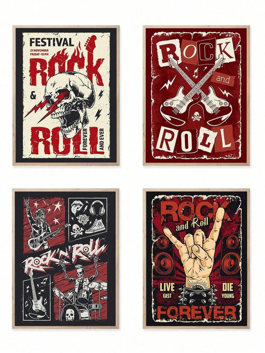 4 件装朋克音乐彩色海报，上面刻有摇滚乐永恒的骷髅和吉他，带有摇滚手势骷髅字样，垃圾摇滚风格帆布墙面艺术印刷品音乐室装饰卧室墙壁装饰，秋季装饰家居圣诞节节日礼物 - 彩色 - 查看 1