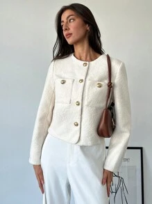 Aloruh Chaqueta elegante y vintage con botones de metal cortos, decorativa, a prueba de viento, forrada y cálida, cómoda y de gran calidad