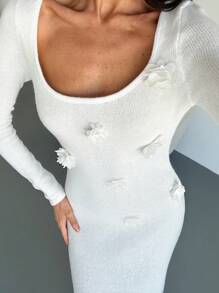 Aloruh Romantisches Damen Pulloverkleid mit quadratischem Ausschnitt, Langarm, floraler Stickerei und figurbetonter Passform, Beige - Beige - Übersicht 7