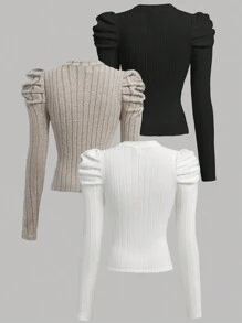 SHEIN Girlism Teen Girls 3pcs/Set Black, White & Beige Crew Neck Ribbed Texture Fitted Gigot Sleeve Graphic Tops, Elegant Vintage Style (Buy 1 Get 2 Free) - Multicolor - View 2