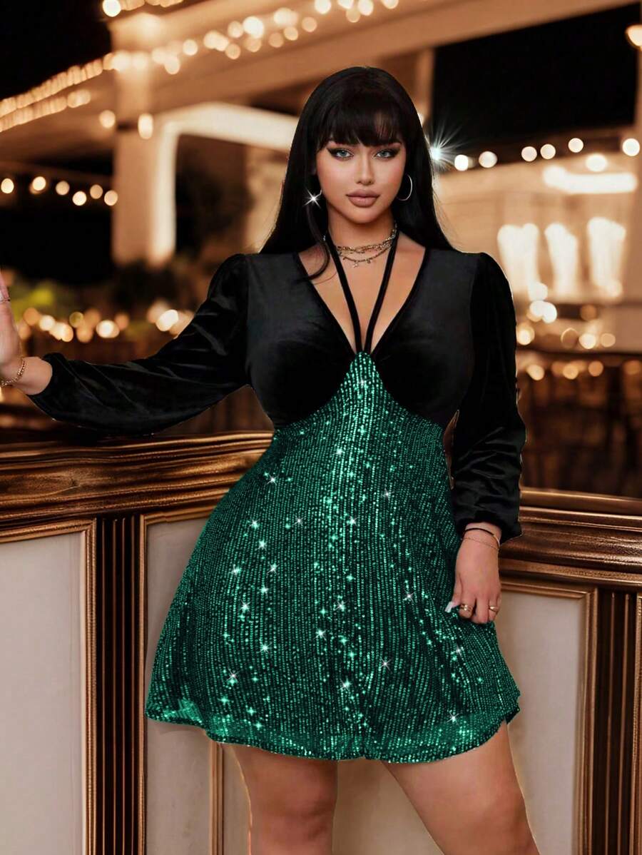 Allurite 深 V 领长袖系带天鹅绒串珠优雅大码连衣裙