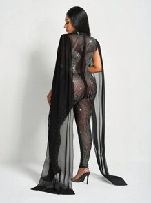 Slaydiva Neue sexy und wunderschöne Jumpsuit für Damen mit kleinem Stehkragen, ärmelos, komplett mit Strass, Cape, körperbetonter Passform, mesh-durchsichtig - Schwarz - Übersicht 2