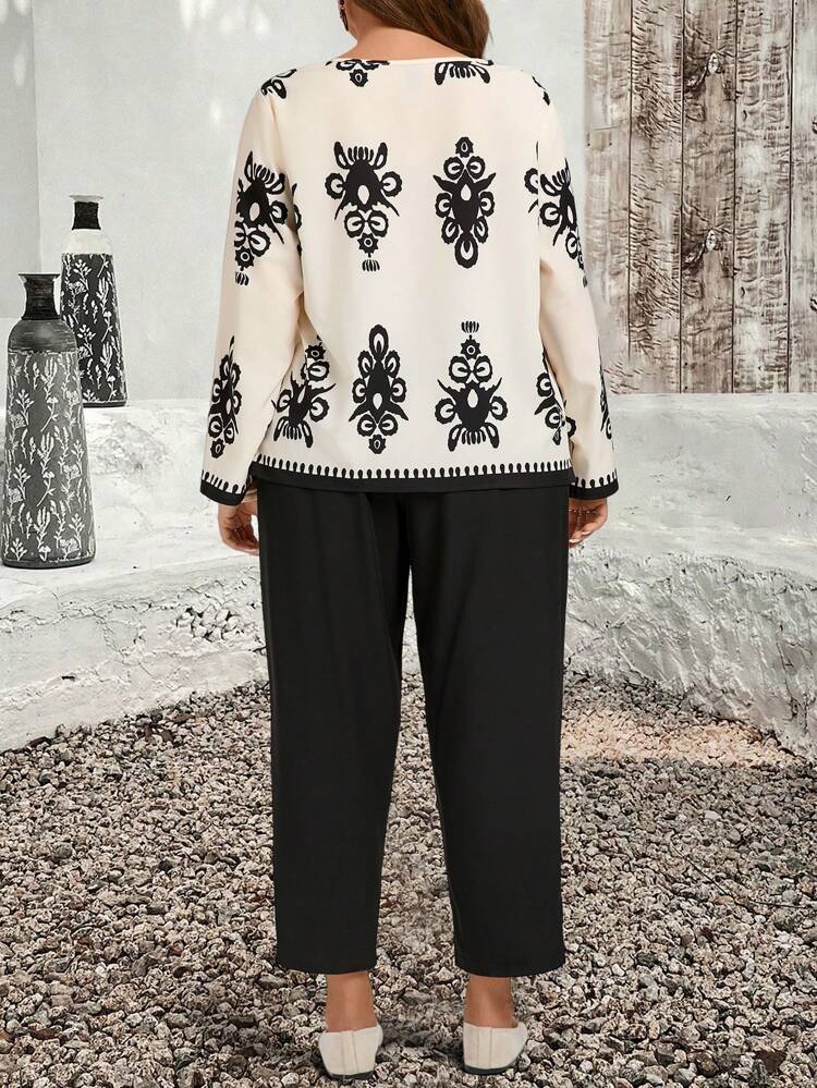 Plus Size Casual Printed Loose Fit Long Sleeve Top And Pants Two Pieces Fall Outfits, Elegant For Autumn,Spring/Summer/Vacation