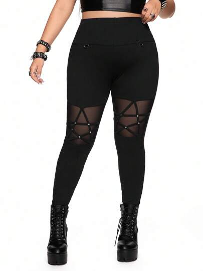 Plus Size Gothic Pentagram Rivet Mesh Splicing Skinny Stretch Pants