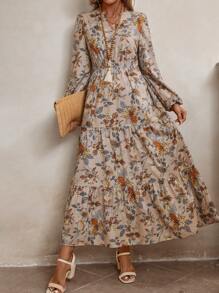 EMERY ROSE Đầm midi dài tay xếp ly họa tiết hoa in toàn thân thường ngày cho nữ - Nhiều màu - Xem 1