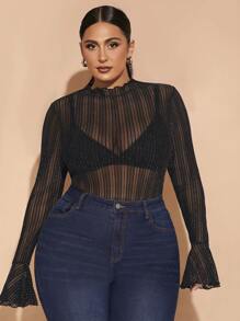 SHEIN BAE Plus Size Black Shiny Silk See-Through Long-Sleeved Bodysuit Suitable For All Occasions In Autumn And Winter, Halloween,Christmas ,Thanksgiving Women Outfit,Night Out