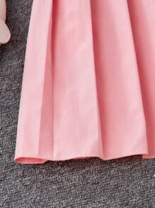 Áo sơ mi thường ngày cho bé gái tuổi mới lớn màu trơn cổ tròn tay ngắn cài nút đơn xếp ly viền - Hồng - Xem 6