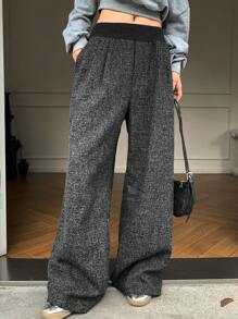 Livesso 女士休闲拼色腰带阔腿宽松裤，秋冬 - 灰色 - 查看 7