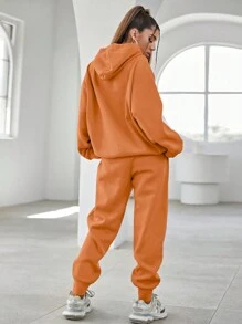 RueChic Cotton Slogan Graphic Drop Shoulder Drawstring Hoodie & Sweatpants - Orange - View 2